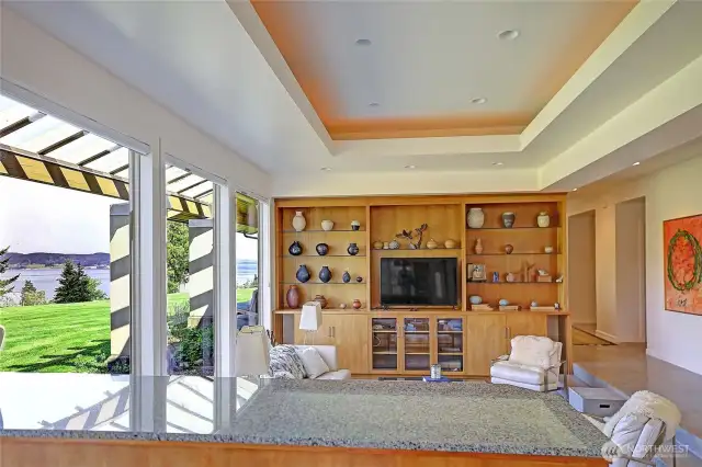 Living room with a view and custom built Cabinets and Bar