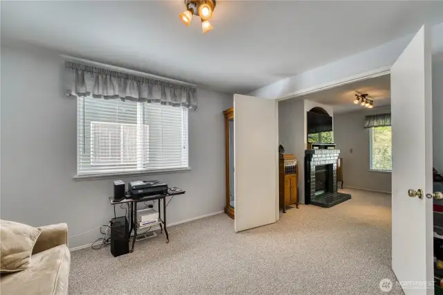 Office looking back through the french doors into the family room.