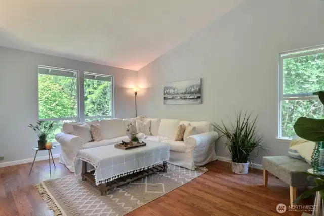 Vaulted ceilings and big windows enhance the living room