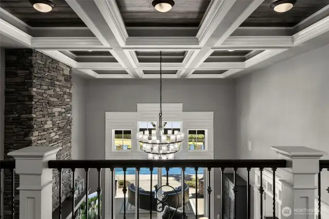 Second floor overlooking great room. Look at that ceiling and chandelier!