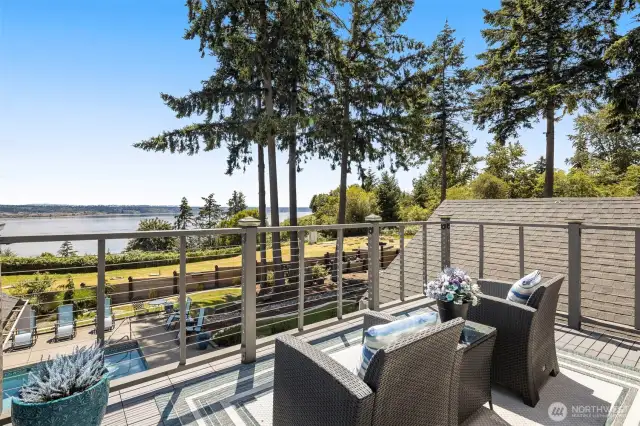 One of two balconies on home facing Puget Sound overlooking backyard.