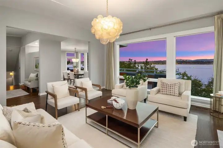 Grand living room with soaring ceilings and elegant features