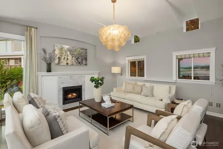 Living room.  The built ins next to the gas fireplace are storage for your electronics.