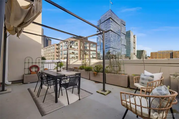 Elevated rooftop entertaining space with ample room for dining, lounging, and enjoying the surrounding cityscape.