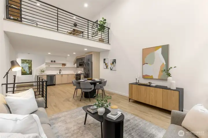 Another view of the living area highlighting the airy volume and sophisticated neutral palette.