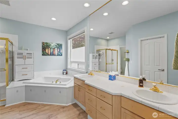 5 piece bath with deep tub and walk in shower. Dual sinks add extra space