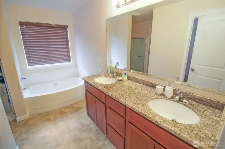 The primary ensuite with dual vanities, large soaking tub, shower, walk-in closet and enclosed toilet room! The primary ensuite with dual vanities, large soaking tub, shower, walk-in closet and enclosed toilet room!