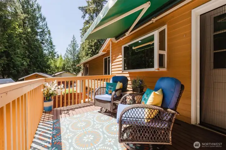 Back deck with retractable awning. Back deck with retractable awning.