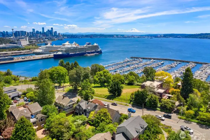 A bit higher view to show the orientation and perspective to Elliott Bay and Mount Rainier. Subject property in the center of the foreground area. A bit higher view to show the orientation and perspective to Elliott Bay and Mount Rainier. Subject property in the center of the foreground area.