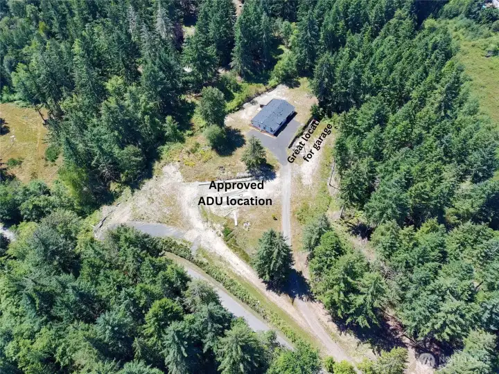 Overview of where the approved ADU location is in relation to the home. Close enough for emergencies but yet far enough for privacy. Note the area where a garage could be placed.