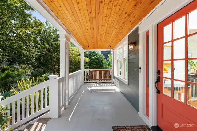 Cozy swing on the completely rebuilt front porch