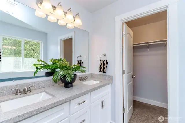 Another view of the primary bathroom and walk-in-closet.