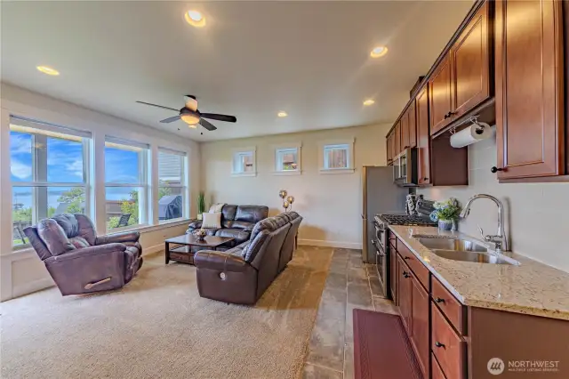 Downstairs living room and kitchen with a view!