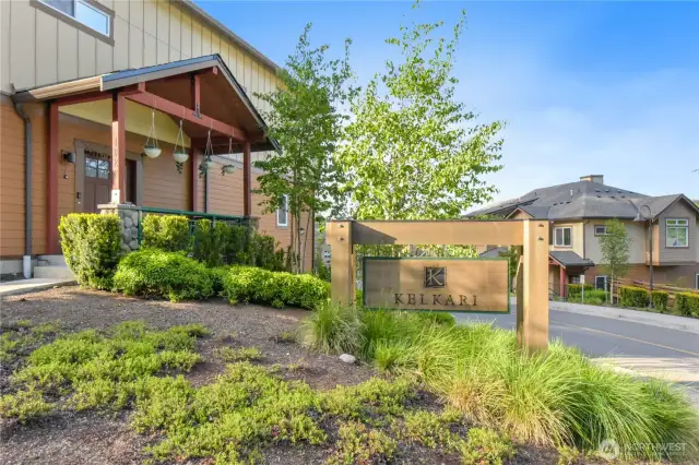Entry to Kelkari — an exclusive community of 35 homes nestled on the scenic slopes of the Squak Mountains