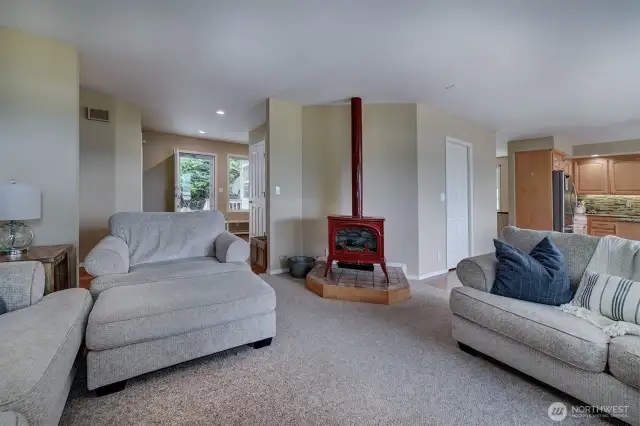Free standing fireplace, in living room