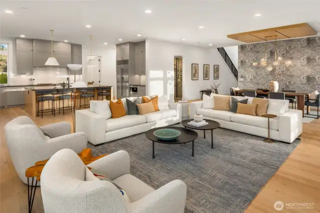 Wide Open concept floor plan connects main floor kitchen, living, and dedicated dining spaces