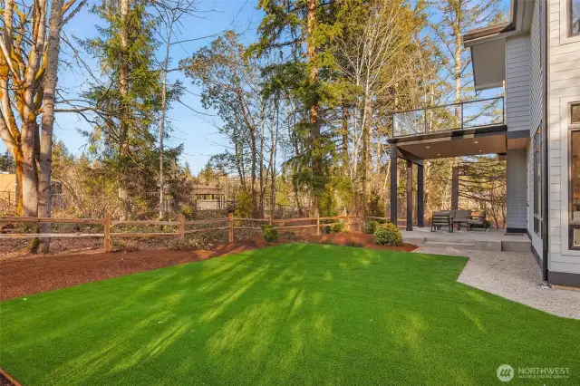 Sprawling and Easy to maintain artificial turf lawn off Patio fully fenced in and backing to protected green space and 16,038 SF Lot