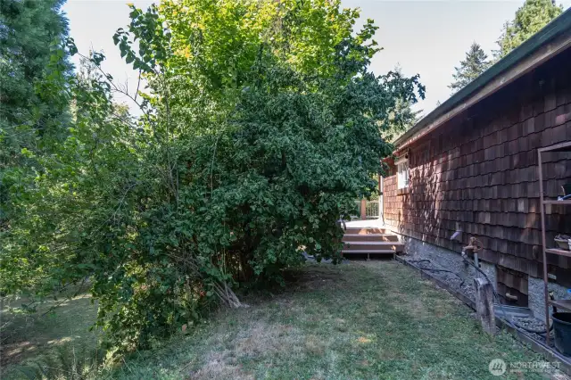 Side/Back of home. 2nd level yard with apple tree on left.