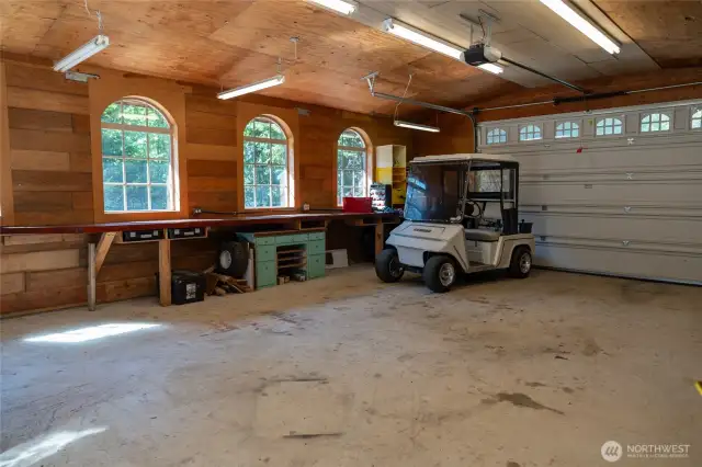 Upper garage / workshop. Bowling lane work benches.