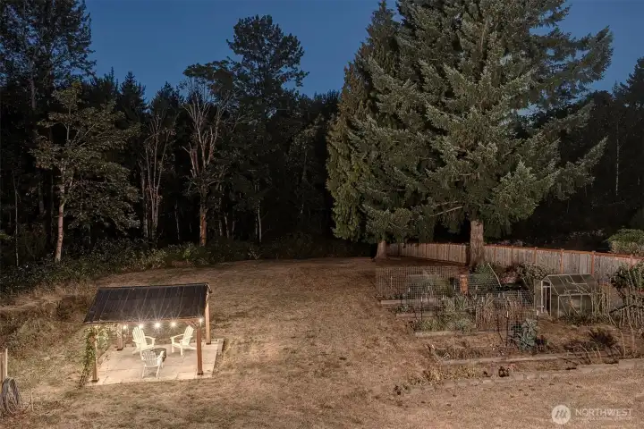 Lighted gazebo, raised beds and greenhouse