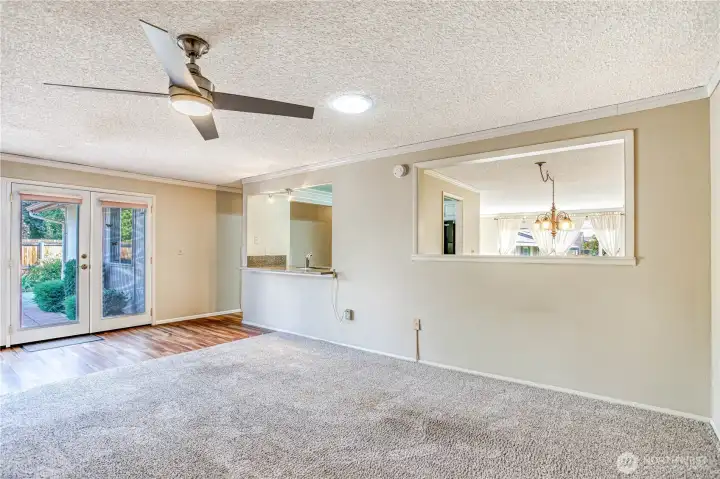 Family room w French doors to patio