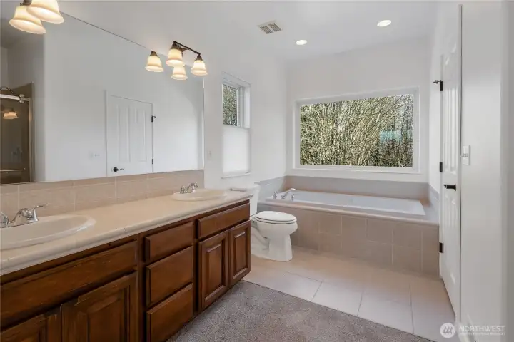 Your master bath has double sinks, generous vanity storage, soaking tub, separate shower (not pictured here) and large walk-in closet.