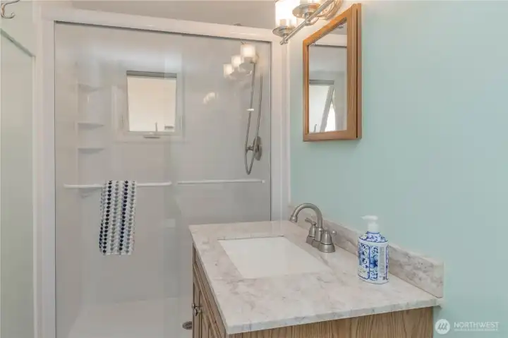 basement bathroom with walk-in shower