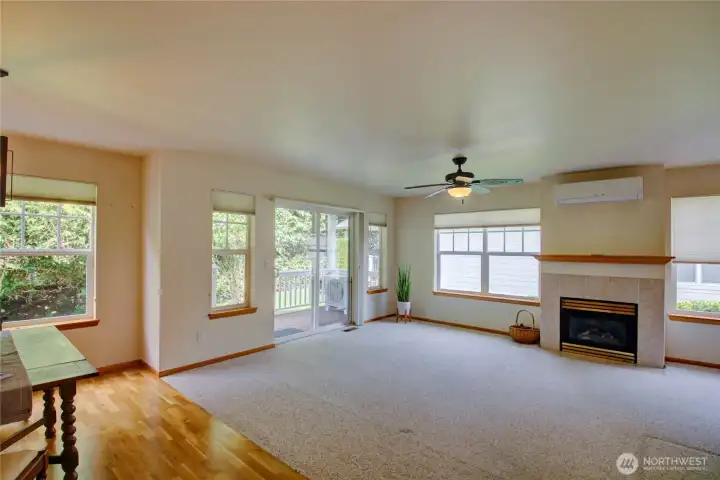 Looking into living room, gas fireplace and covered deck on the back.