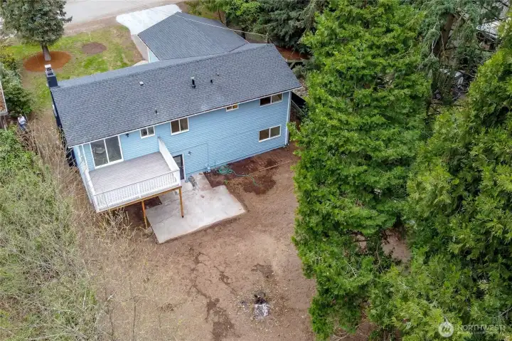 Aerial of lot and back part of home & large deck!