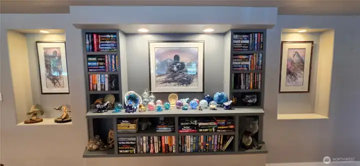 Custom built shelving area in living room