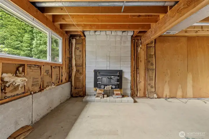 wood burning fireplace with insert. wood burning fireplace with insert.