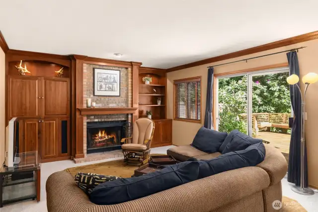Lower family room has stunning fireplace with built-ins