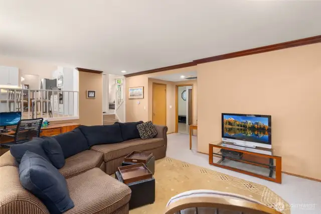 Lower family room leads to bedroom plus full bathroom