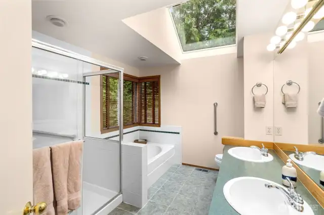 5 piece primary bath has skylight for natural light