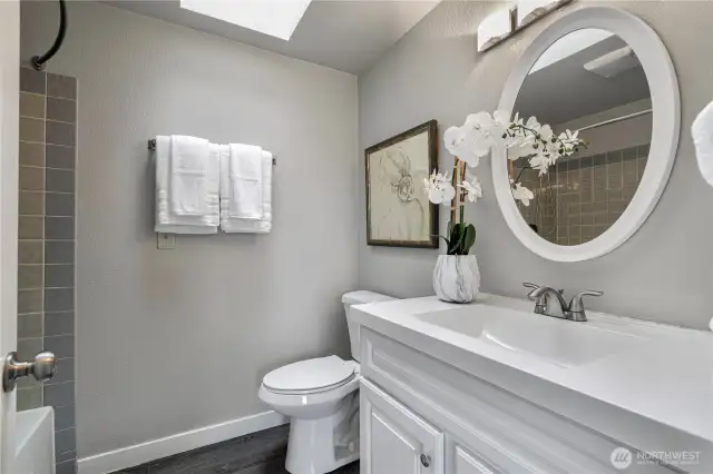 Bright full bath with skylight, bringing in natural light all day long