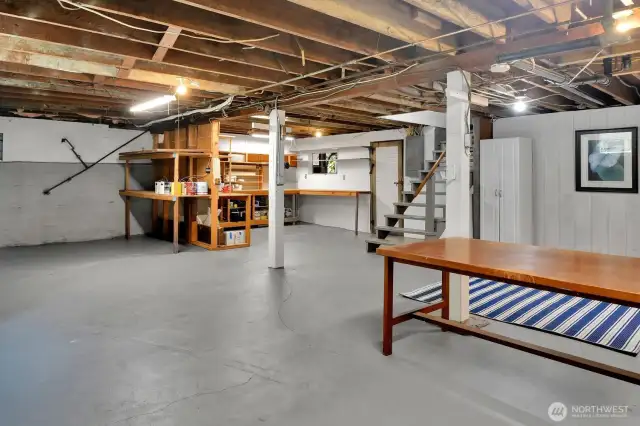 840 square foot basement with good ceiling height leads to attached one car garage. Updated wiring, plumbing & sewer line.