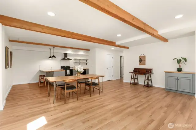 ADU living room w/ exposed beams