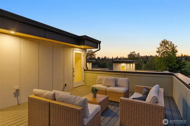 Roofline perspective that shows privacy walls and roomy seating areas. The perfect spot for morning yoga or evening cocktails.