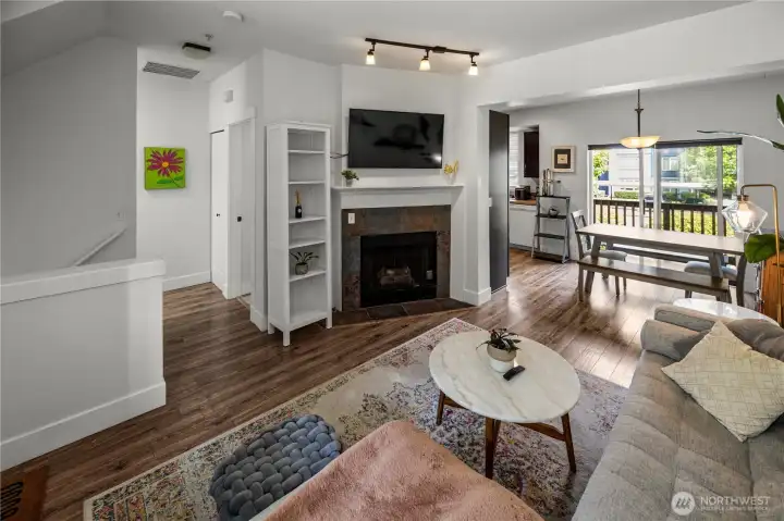 Large living room with fireplace.