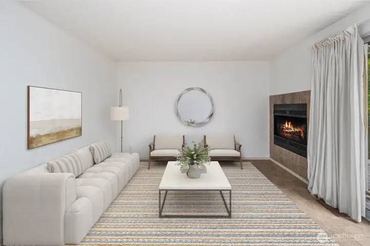 Virtually staged multi-purpose room - view from the kitchen island.