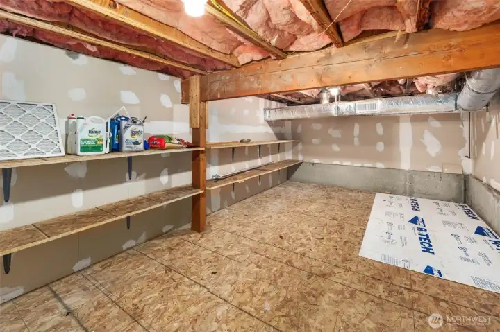 Crawl space front room to the right of the entry. Contains a wall of shelves.