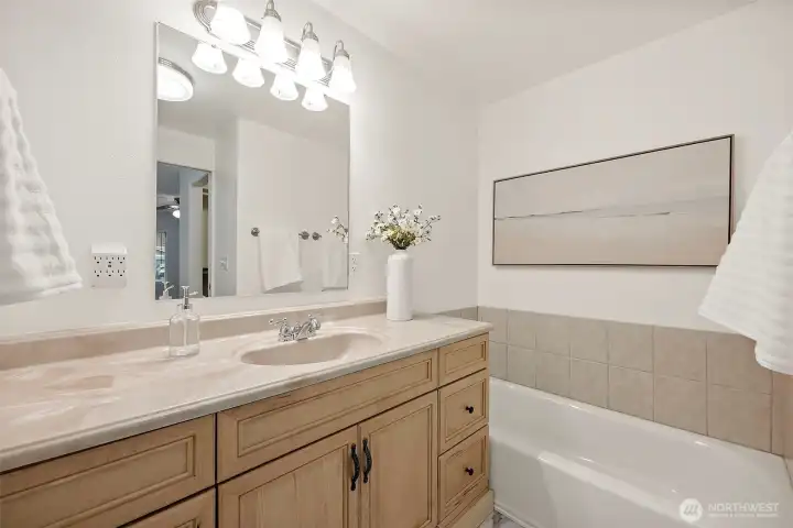 Primary bedroom en-suite bathroom vanity situated next to the soaking tub