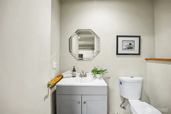 Bathroom right off garage.