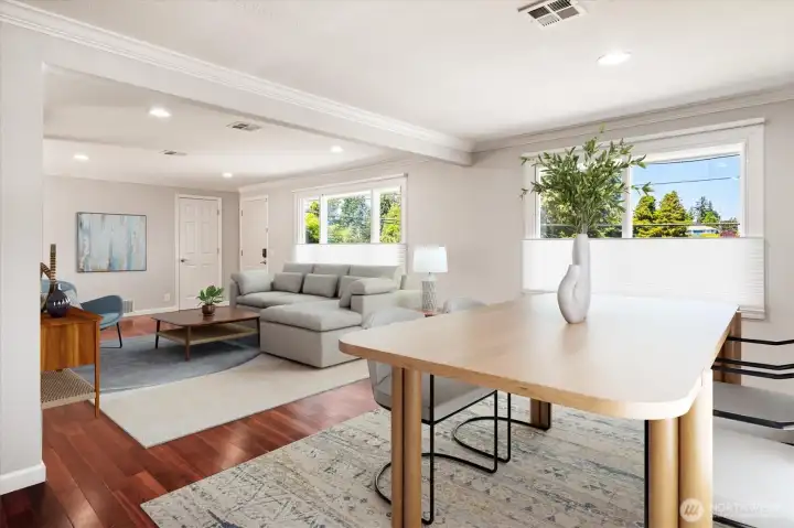 Additional angle of living and dining room (virtually staged).