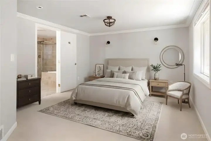 View of primary suite (virtually staged).
