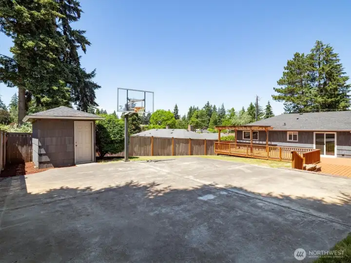 Expansive view of the basketball court with hoop.