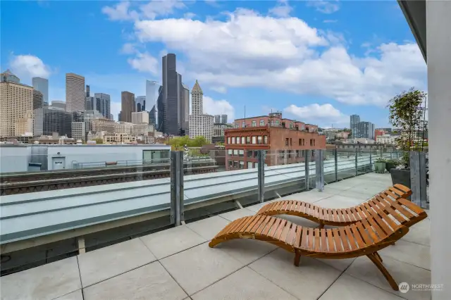 Incredible north facing outdoor terrace with irrigation for pots and plumbed for a gas grill and amazing views of the Smith Tower and Puget Sound