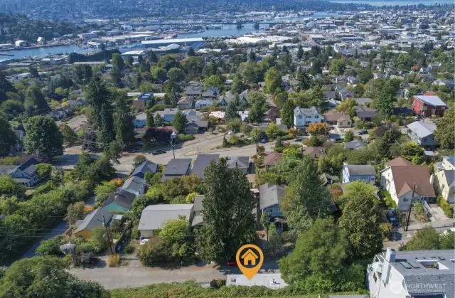 Overhead Drone View looking west towards the Ballard Bridge and the Ship Canal.