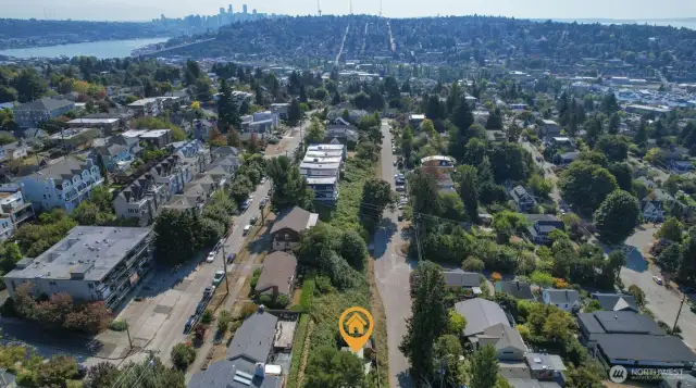 Overhead Drone View looking South towards Queen Anne and Downtown