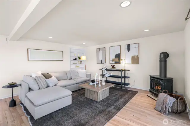 Cozy fireplace and built-in bookcase